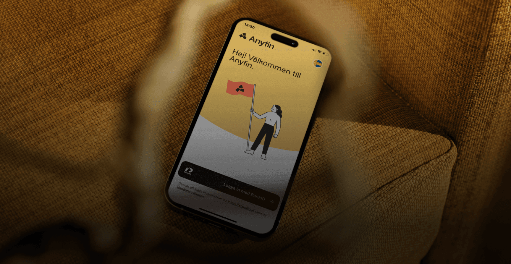 Illustration av en mobiltelefon med Anyfin app