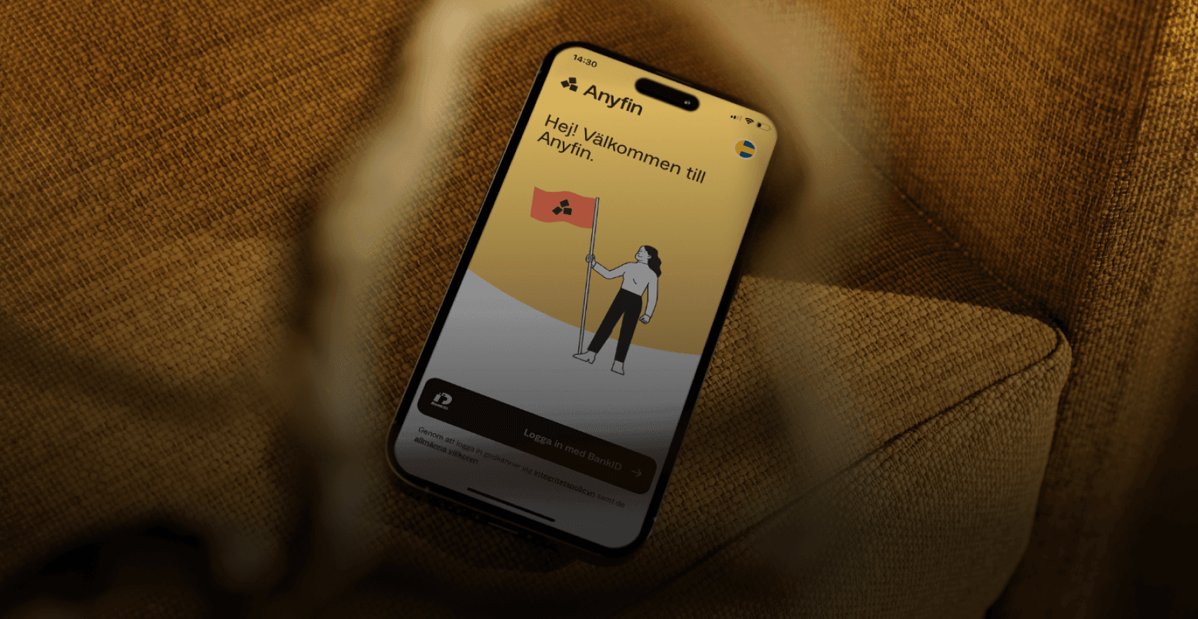 Illustration av en mobiltelefon med Anyfin app
